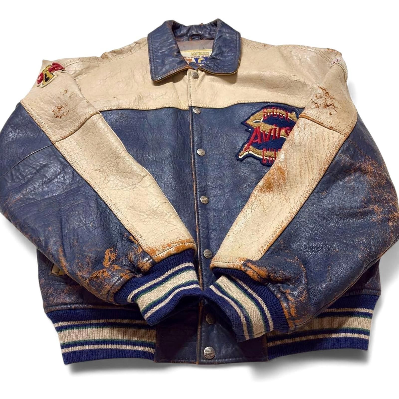 Avirex Avirex - S Vintage Blue Cream Leather Varsity Jacket Size US M / EU 48-50 / 2 - 4 Thumbnail