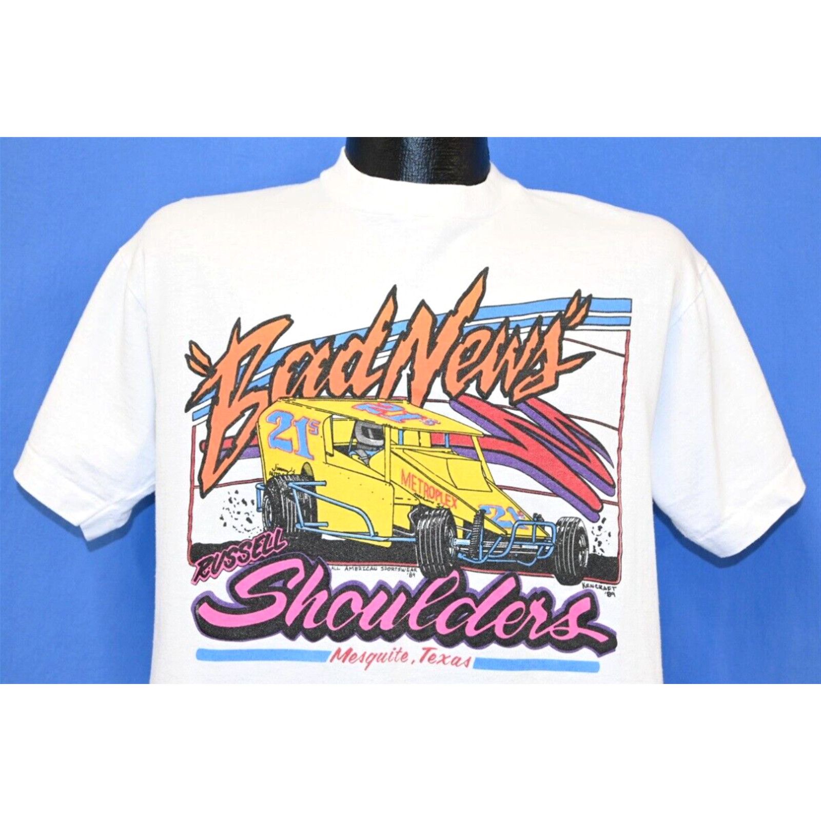image of Fruit Of The Loom Vintage 90's Russell Shoulders Bad News Drag Racing Sprint Car T-Shirt Large L in
