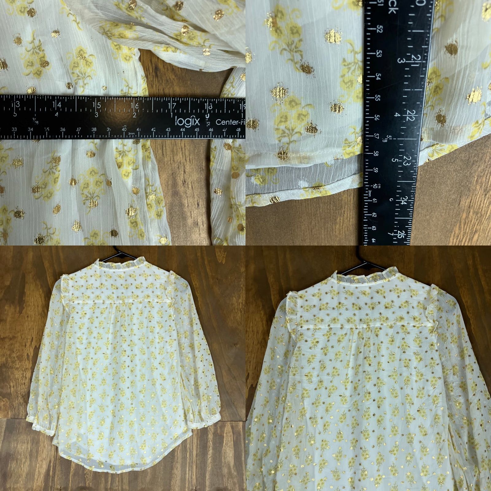 Lauren Conrad LC Lauren Conrad Womens Blouse White Yellow Floral Sheer Long Sleeve Lined XS Size XS / US 0-2 / IT 36-38 - 8 Thumbnail
