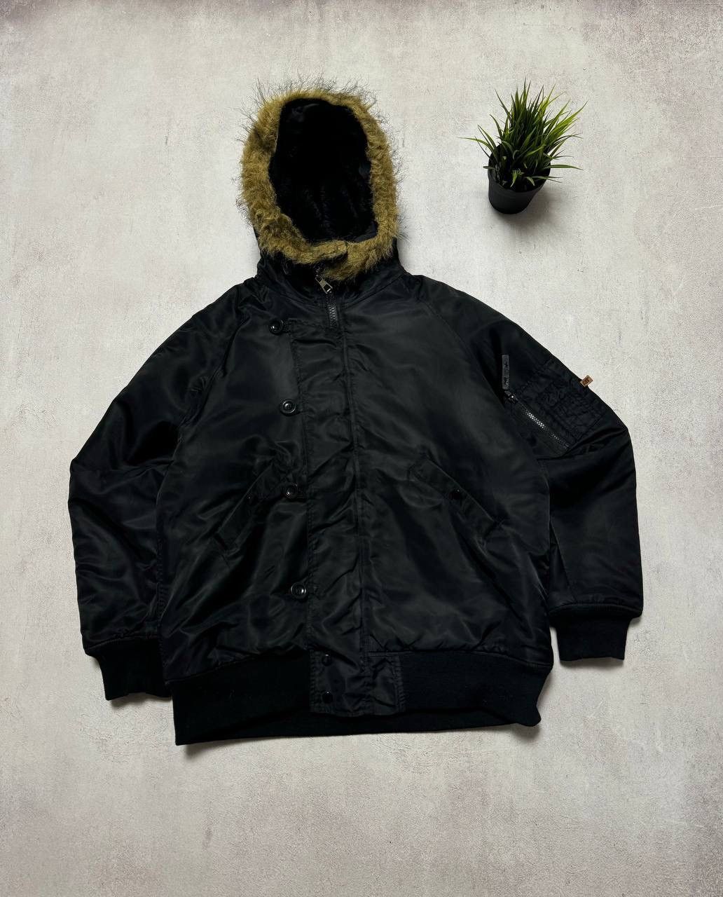 Vintage Caterpillar Fur Jacket Bomber Baggy Black Y2K 90s