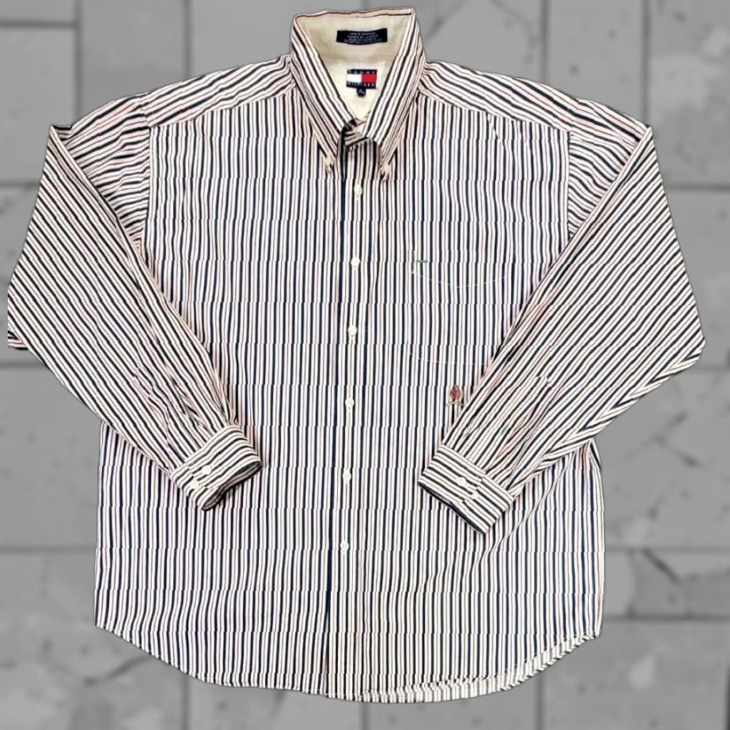 Tommy Hilfiger VINTAGE Tommy Hilfiger Striped Shirt Mens XL Red White Blue Logo Button-Down Long Sleeve 90s Classic Retro Party/Cocktail Men Size US XL / EU 56 / 4 - 1 Thumbnail