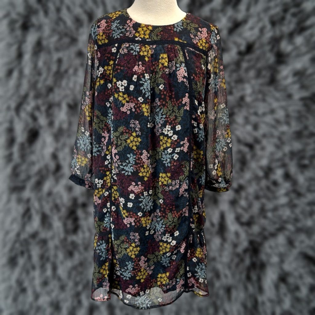 Loft LOFT Mini Dark Floral Shift Dress Sz Medium Petite Sheer Sleeves Romantic Fairy Size M / US 6-8 / IT 42-44 - 1 Thumbnail