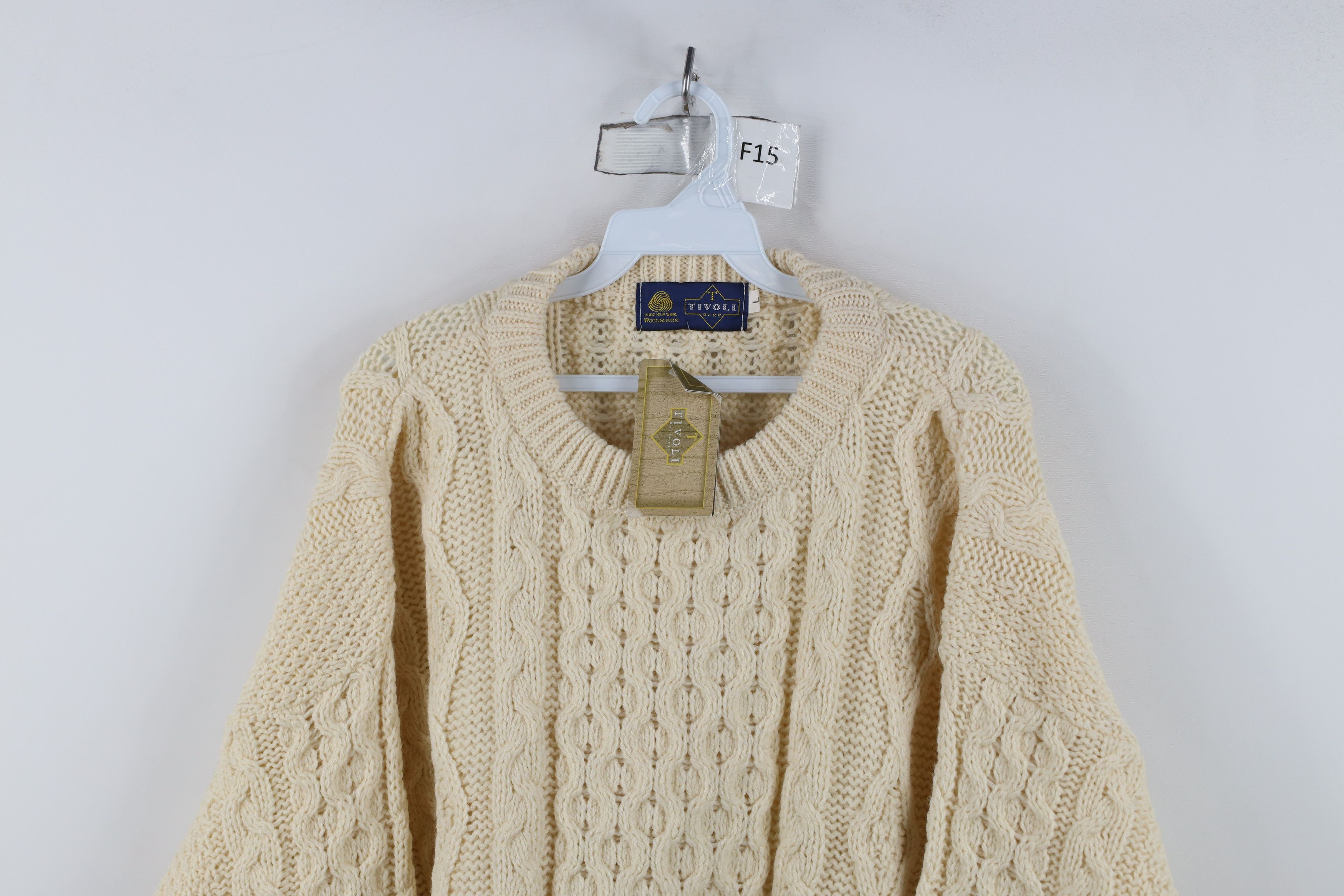Vintage Deadstock Vintage 90s Wool Cable Knit Sweater Cream Size US L / EU 52-54 / 3 - 2 Thumbnail
