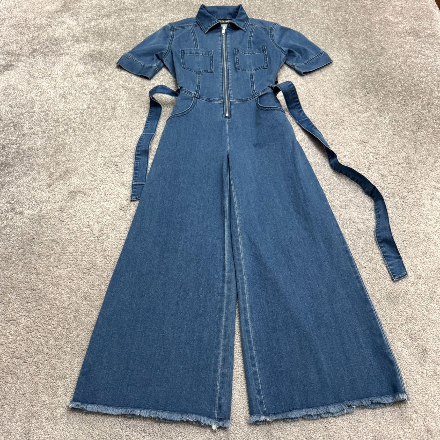 Vintage Gabrielle Union Jumpsuit Womens PXS Blue Denim Short Sleeve Zip Up Raw Hem NWT Size 26" / US 2 / IT 38 - 2 Thumbnail