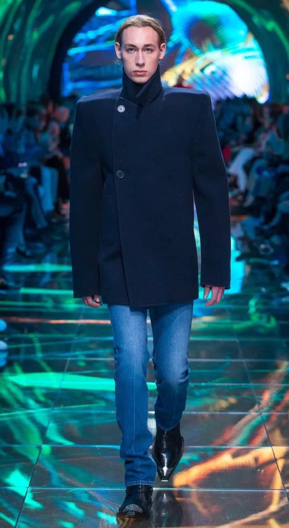 image of Balenciaga Ss19 Boxy Shoulder Camel Wool Coat in Navy Blue, Men's (Size Small)