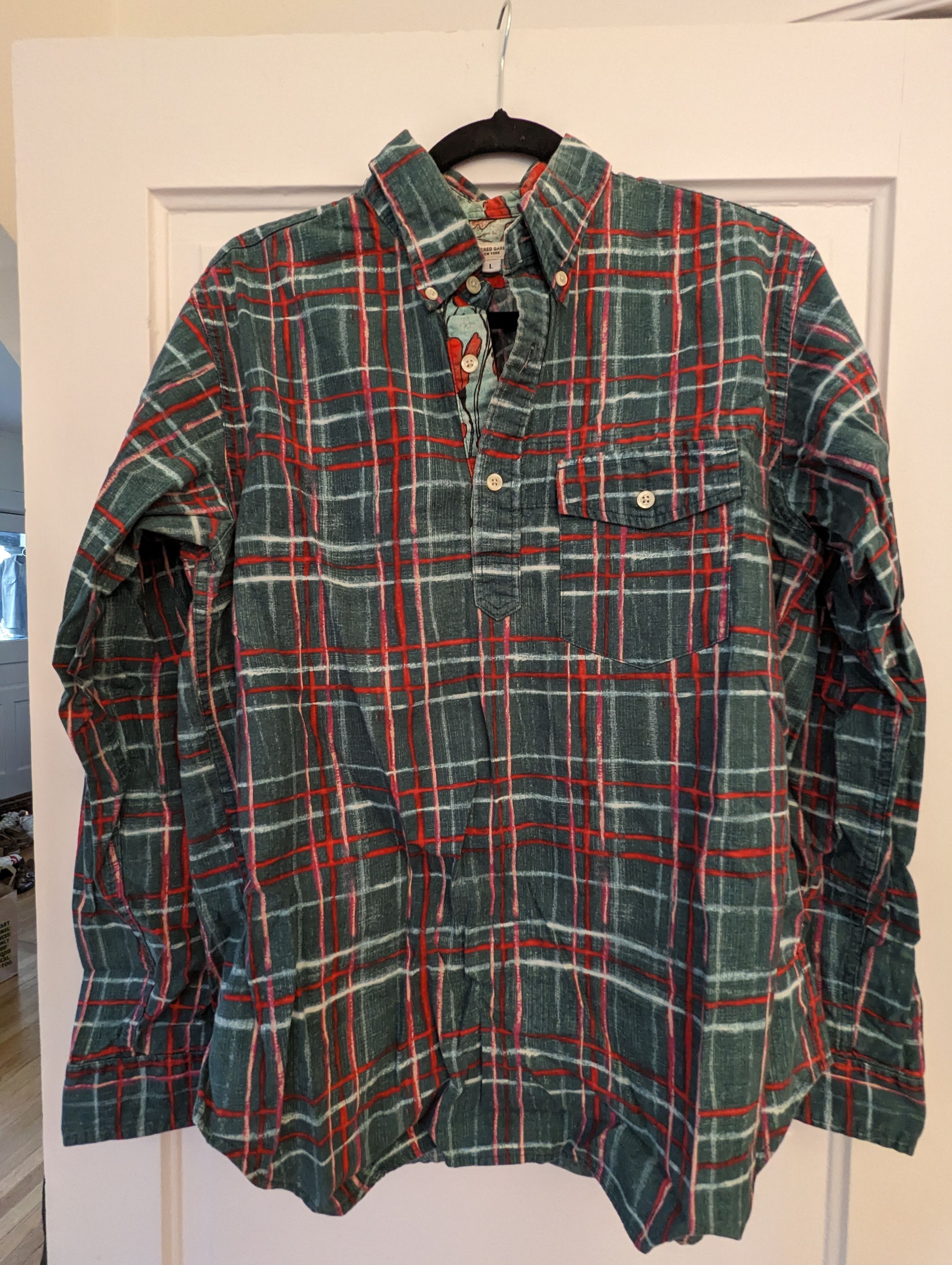 image of Engineered Garments Long Sleeve Pop-Over in Green/Red, Men's (Size Large)