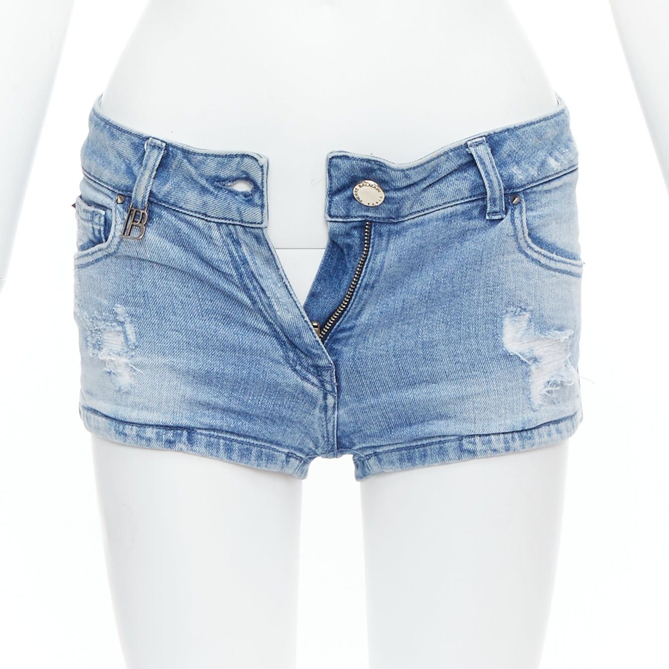 Pierre Balmain PIERRE BALMAIN blue distressed washed B logo charm hot shorts 24" Size 27" / US 4 / IT 40 - 1 Thumbnail