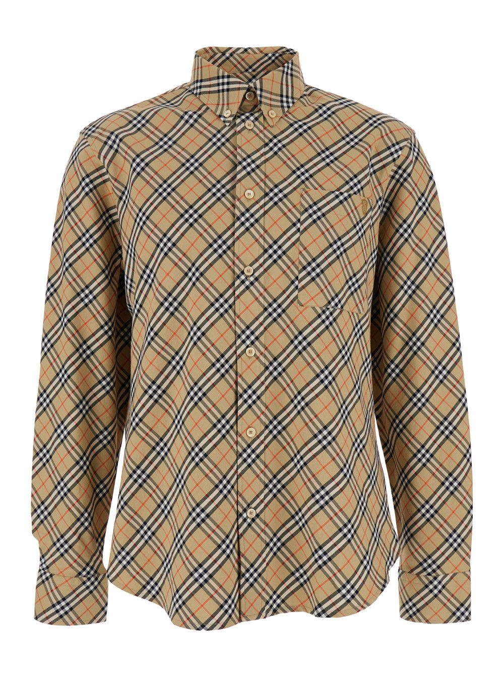 Beige Shirt with All-Over Vintage Check Motif in Cotton Man