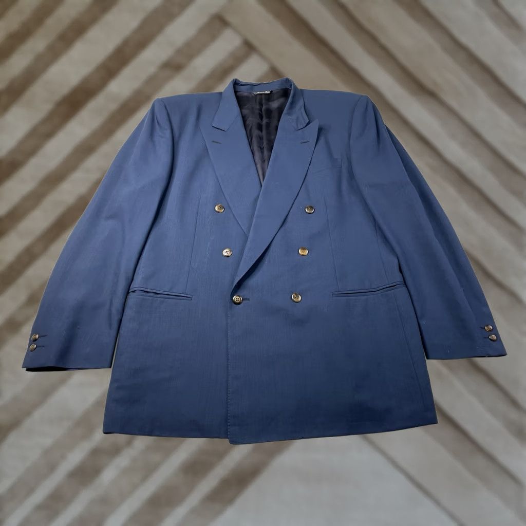 Canali Canali Blazer Men 44L Blue Wool Nylon Double-Breasted Six-Button Peak Lapel Jacket Coat Italy Size 44R - 1 Thumbnail