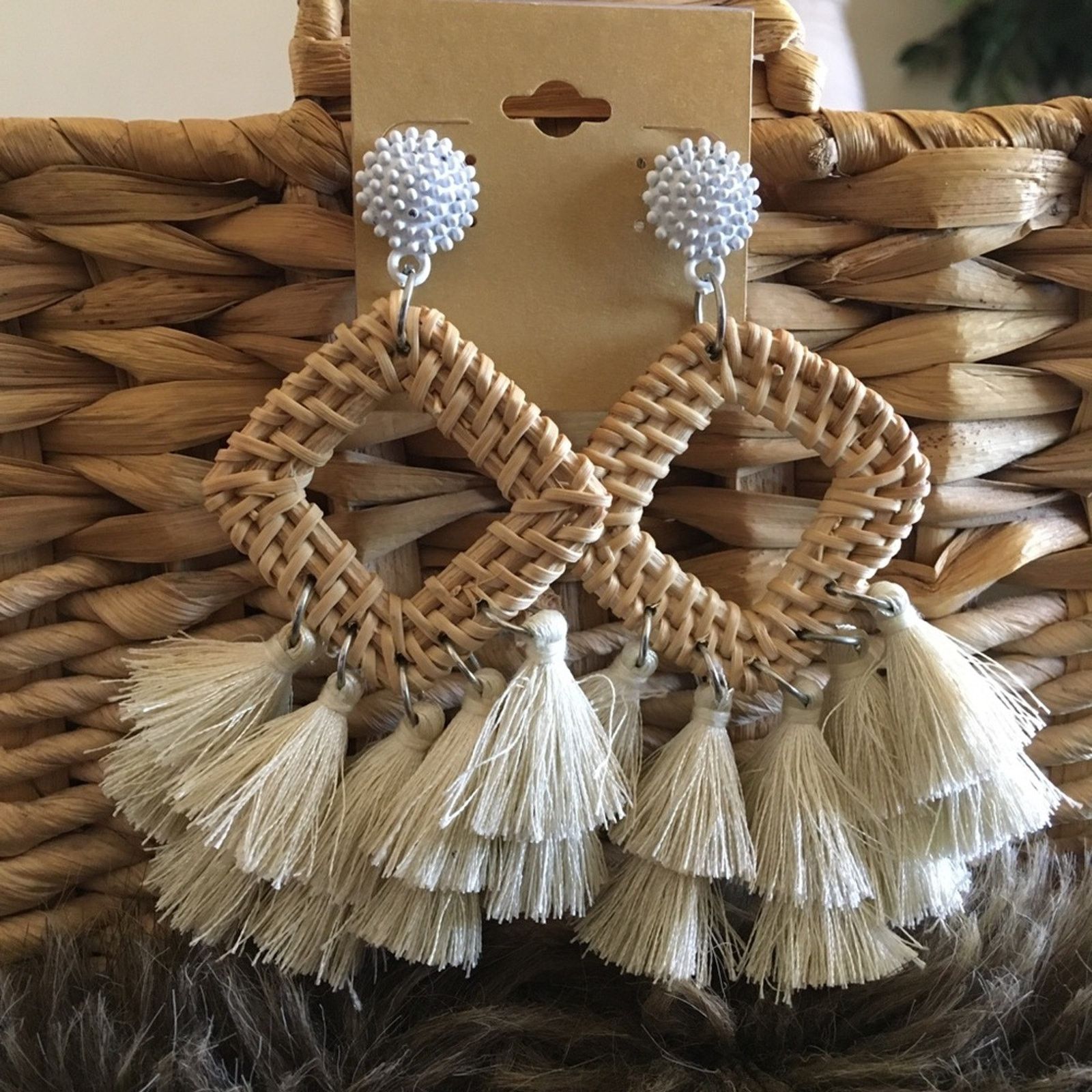 Jewelry Boho Large Basket Weave Tassel Pierced Earrings in White, Women's