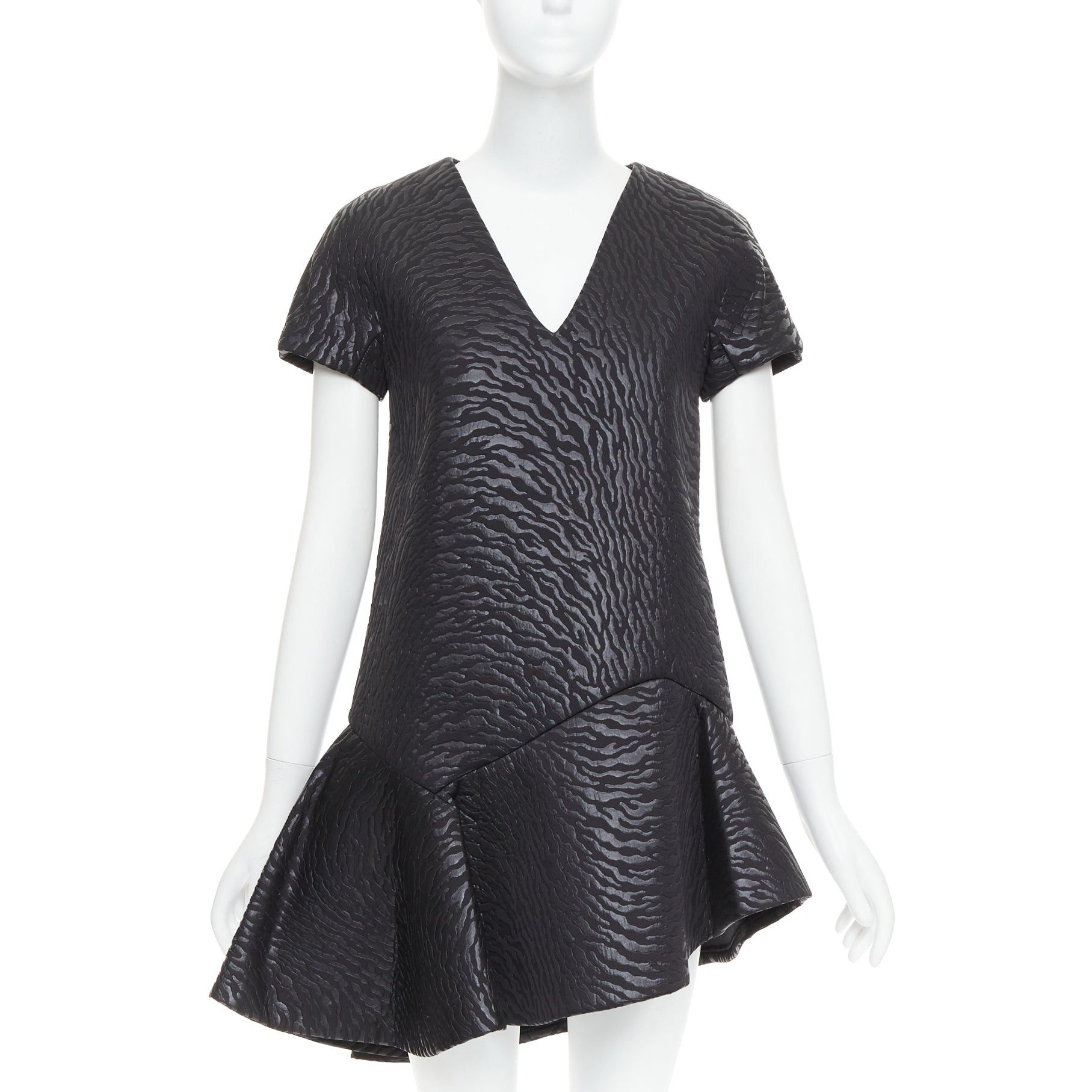 MSGM black tiger stripe neoprene asymmetric flounce mini dress IT42 M