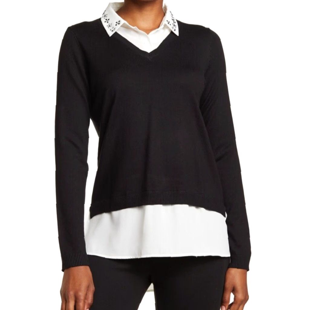 Adrianna Papell Adrianna Papell Twofer Sweater Women XL V-Neck Layered Sheath Black White Size XL / US 12-14 / IT 48-50 - 2 Thumbnail