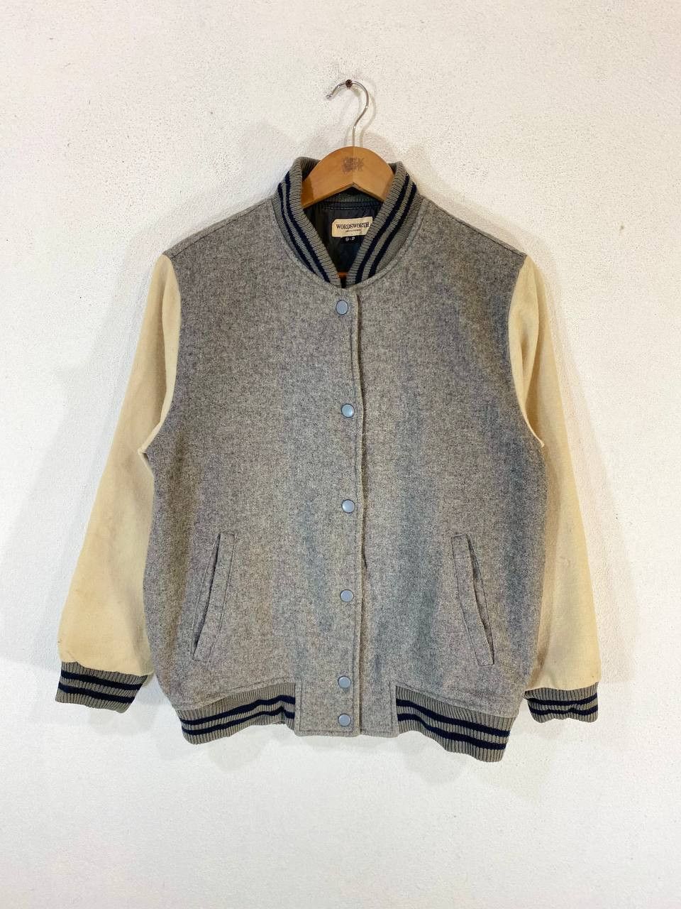 image of Cashmere Wool x Varsity Jacket s Fully Wool Varsity Jacket Very Nice Design in White Grey (Size Med