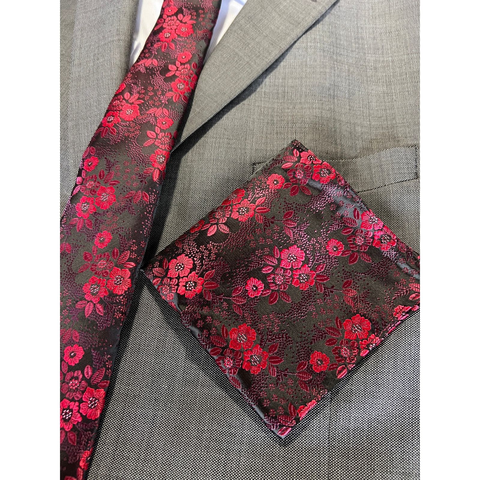 Other 3 Piece Tie Set Black Red Floral Tie Pocket Square Cufflinks Size ONE SIZE - 4 Thumbnail