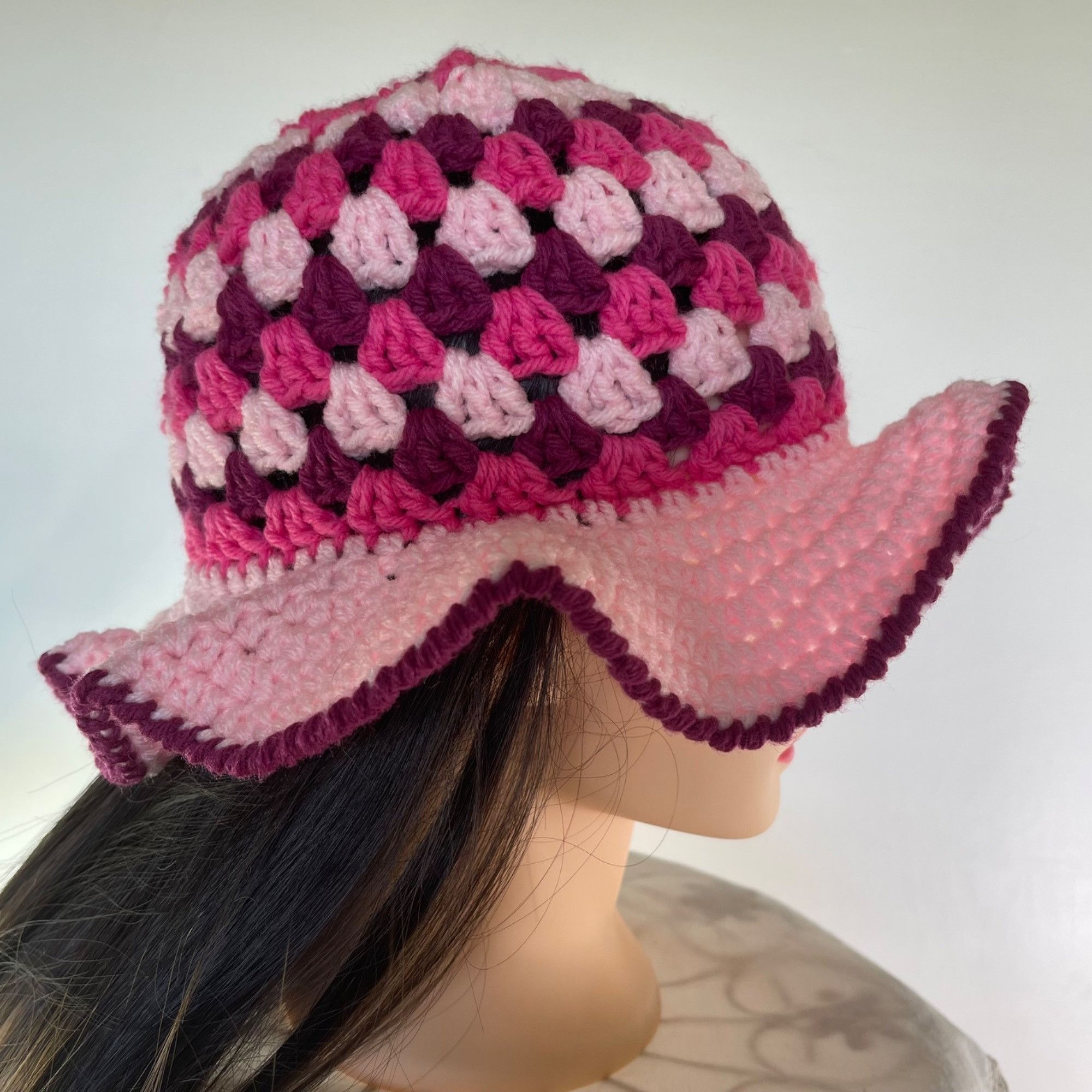 Handmade Crochet Bucket Hat Granny Square Pattern Pink Burgundy Adult Size ONE SIZE - 3 Thumbnail