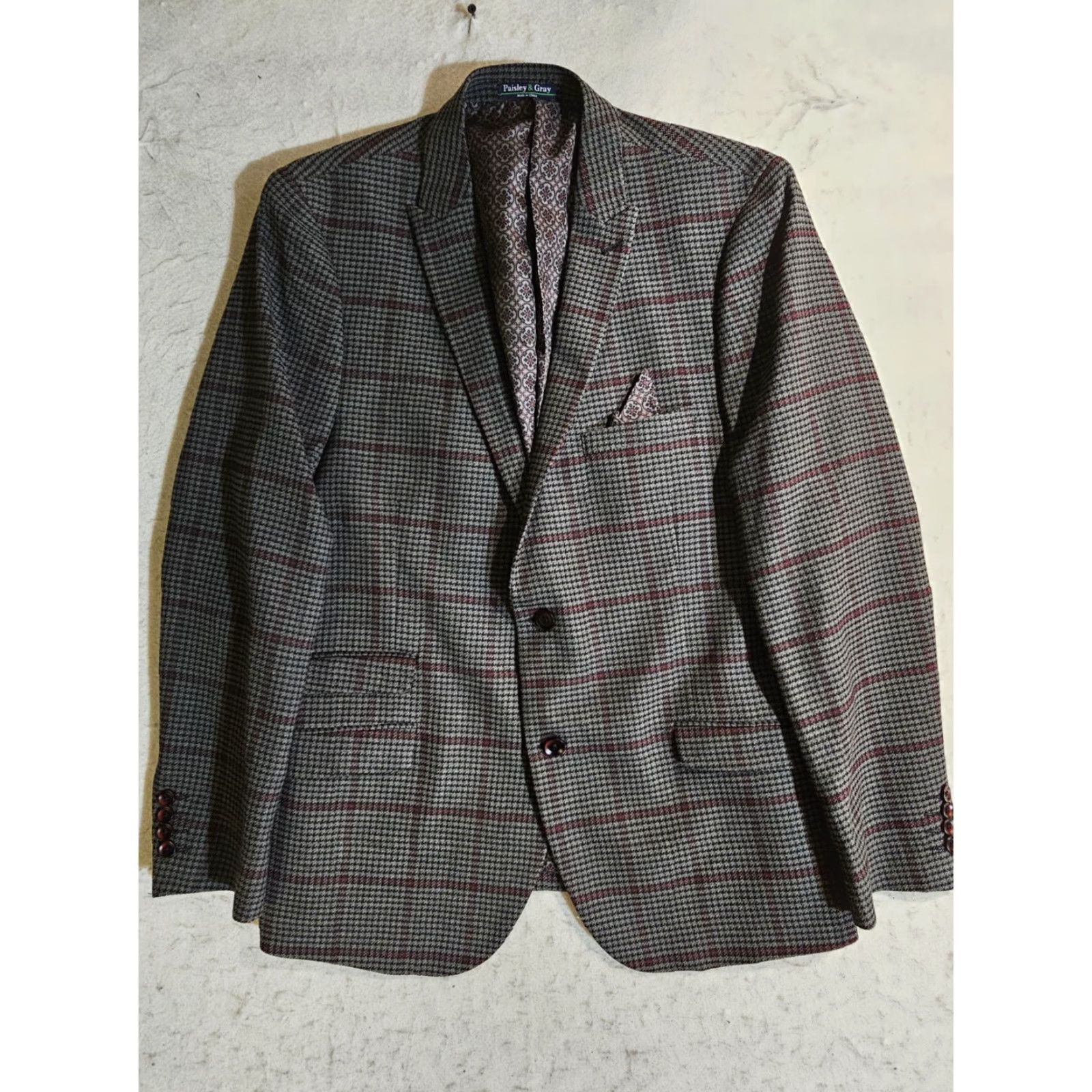 Vintage Paisley & Gray Blazer Slim Fit Gray & Maroon Check Plaid Two Button Men's 46 Reg Size 46R - 2 Thumbnail