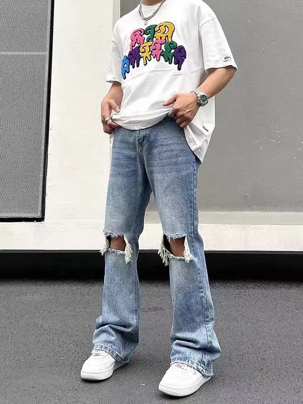 VIBE Hip Hop Vintage Washed Double Knee Ripped Micro Flare Jeans Size US 32 / EU 48 - 8 Thumbnail
