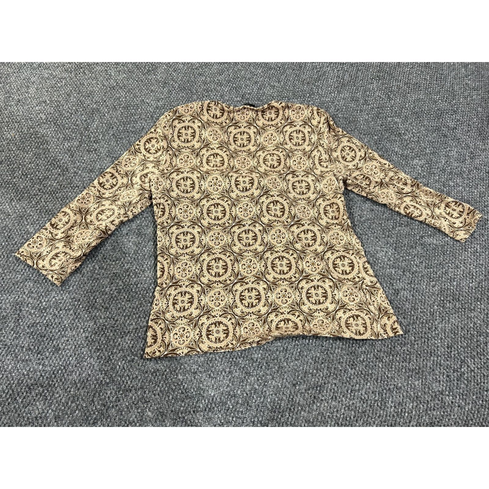 Talbots Talbots Blouse Shirt Womens L Tan Brown Medallion Boho V-Neck Stretch Long Sleeve Knit Cotton Spandex Solid Regular Basic Casual Vintage No Size L / US 10 / IT 46 - 6 Thumbnail