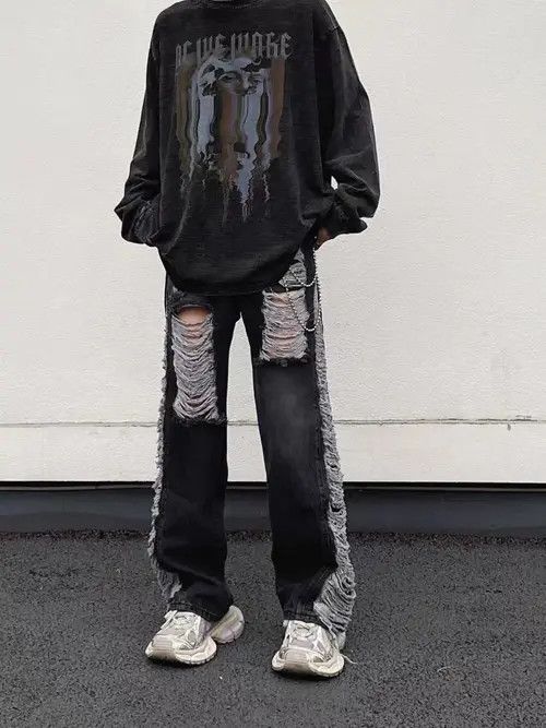 VIBE Retro fringed ripped straight-leg draped jeans Size US 32 / EU 48 - 4 Thumbnail