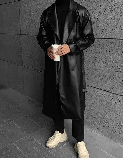 Designer Streetwear style Long Black Faux Leather trench coat y2k Size US L / EU 52-54 / 3 - 2 Thumbnail