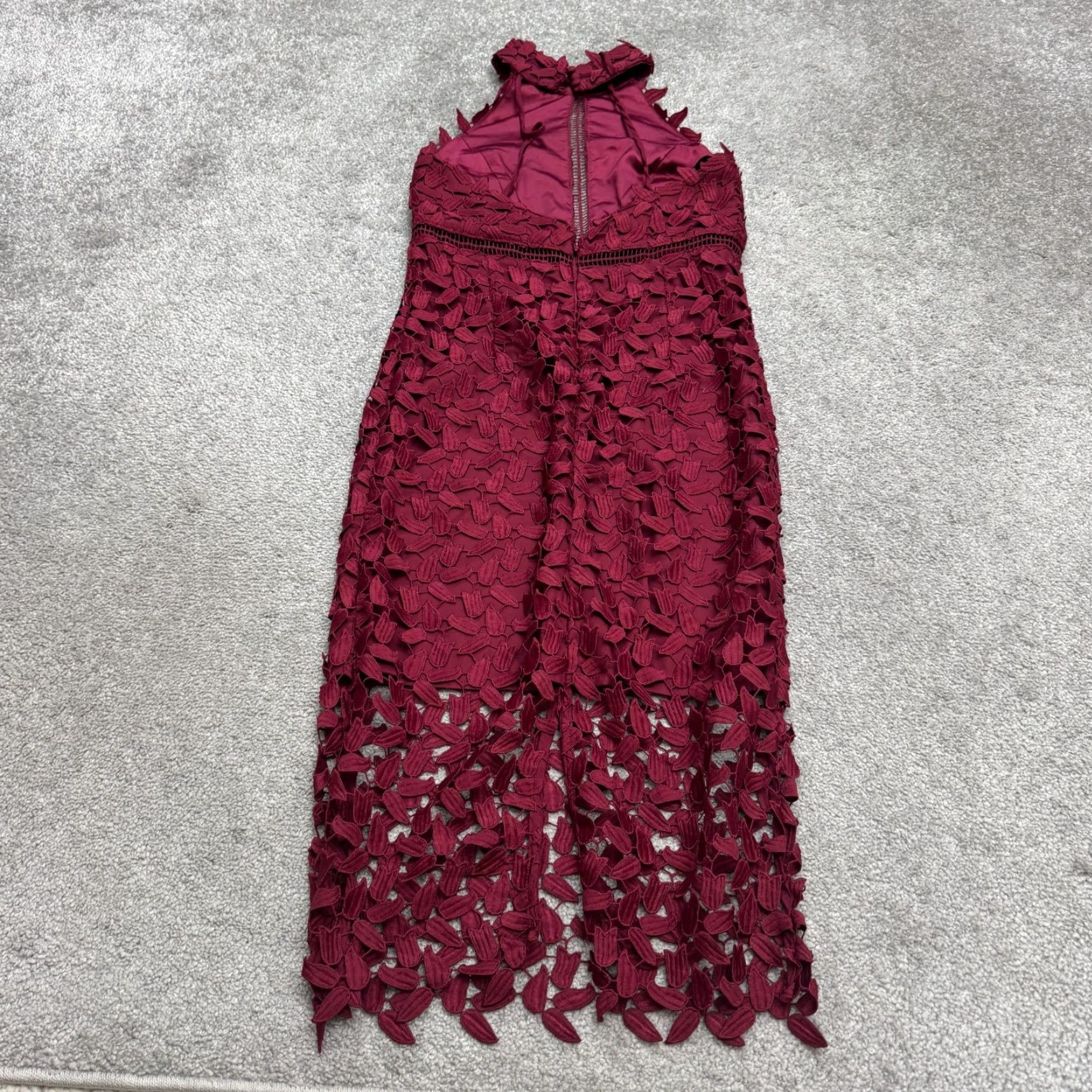 Vintage Bardot Dress Women 4 XS Burgundy Lace Halter Backless Cocktail Knee Length Sheath Party Size S / US 4 / IT 40 - 3 Thumbnail