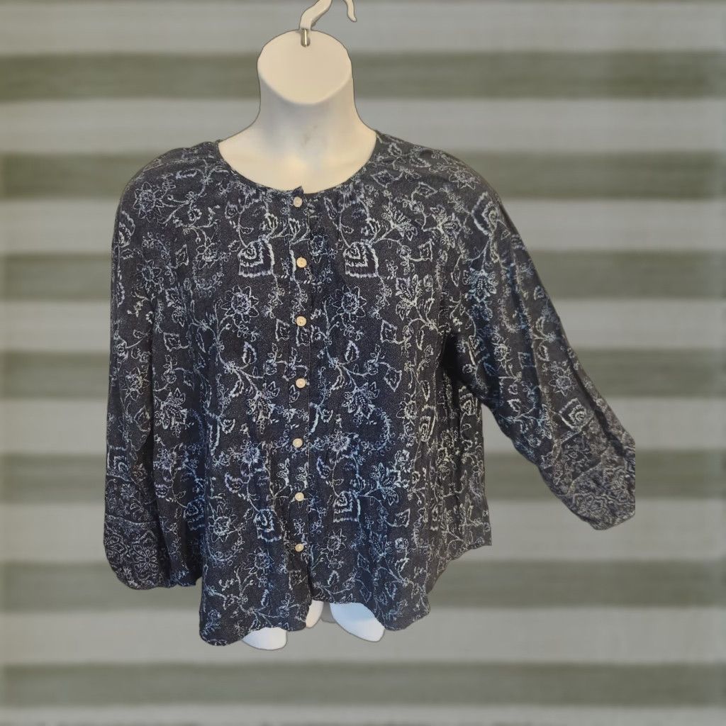 Vintage Time And Tru Blue Paisley Button Down Peasant Top XL Blouse Women Casual Long Sleeve Round Neck Boho Shirt Pink? Size XL / US 12-14 / IT 48-50 - 1 Thumbnail
