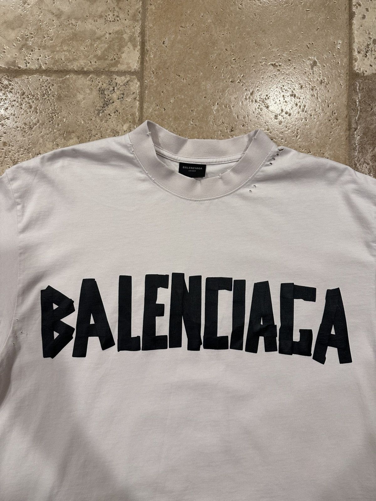 Balenciaga Balenciaga Distressed Type Black Duct Tape Logo White Tee Size US XS / EU 42 / 0 - 7 Thumbnail