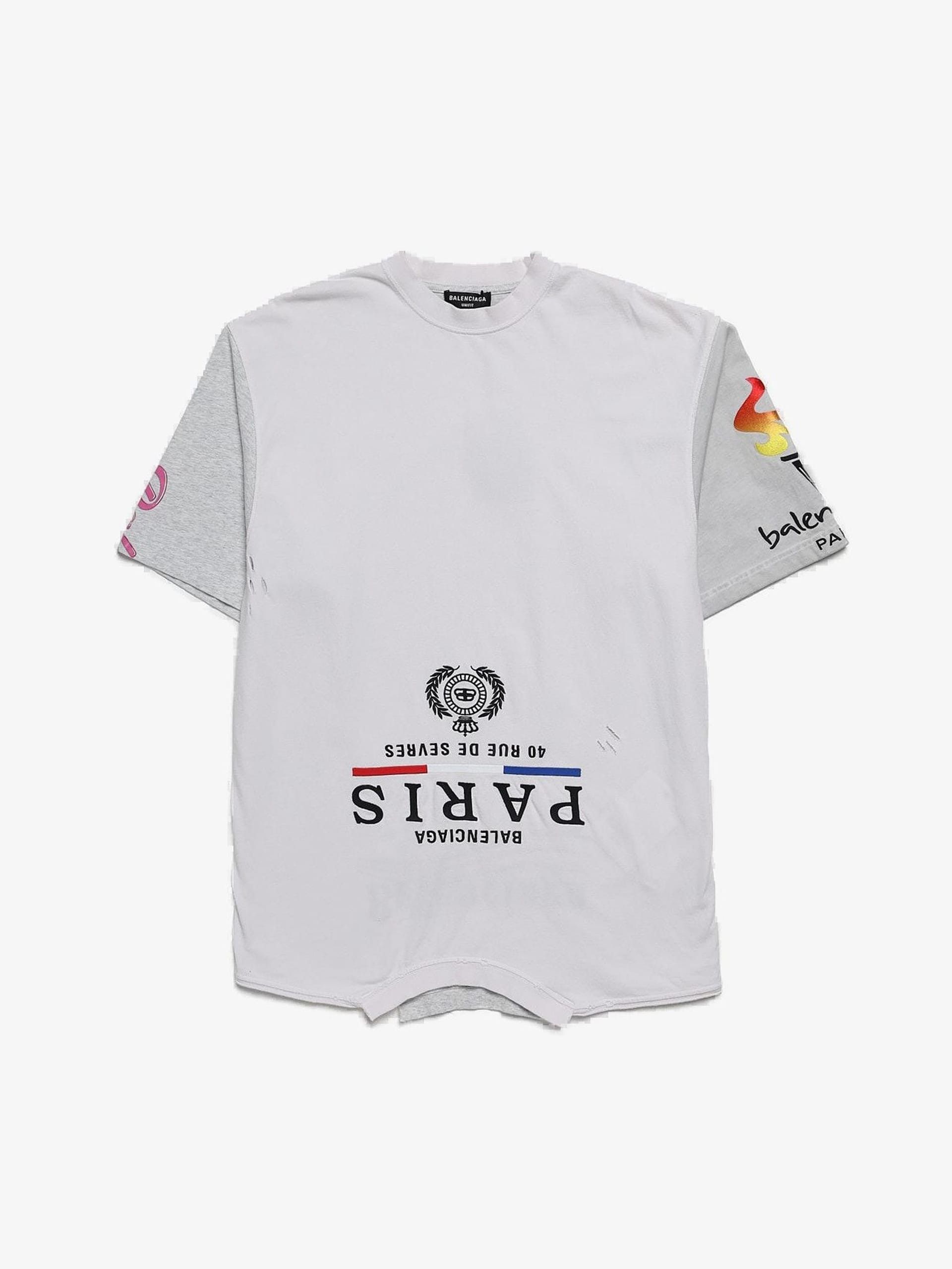 Balenciaga White and Gray Distressed Upside Down Cotton T Shirt Size US L / EU 52-54 / 3 - 1 Thumbnail