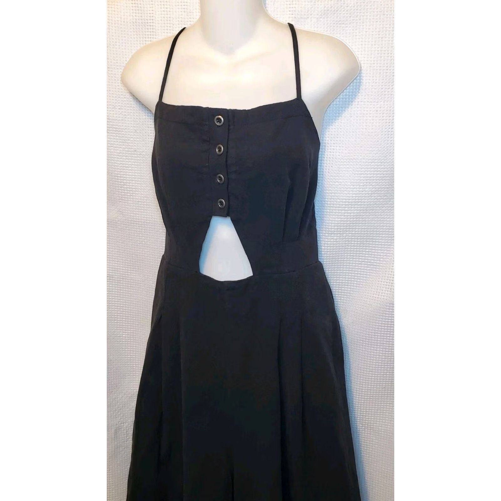 Free People VINTAGE? No — Free People Marbella Black Linen Wide Leg Jumpsuit L Womens Bohemian Beach Festival Summer Size 36" / US 14 / IT 50 - 6 Thumbnail