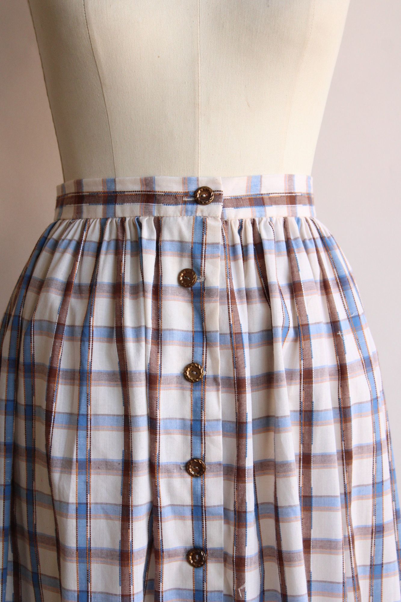 Vintage Vintage 1960s 1970s Skirt, Plaid Blue and Brown Check Tartan Size 30" / US 8 / IT 44 - 3 Thumbnail