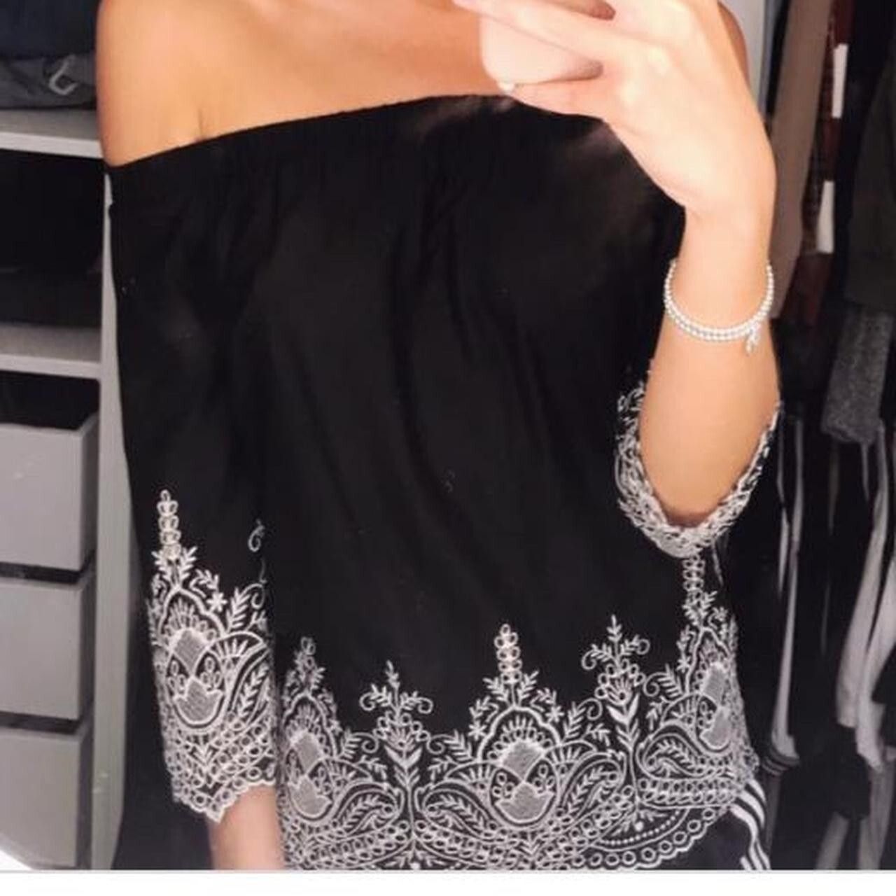 Zara Zara Embroidered Off Shoulder Blouse Black White ( S ) Size S / US 4 / IT 40 - 1 Thumbnail
