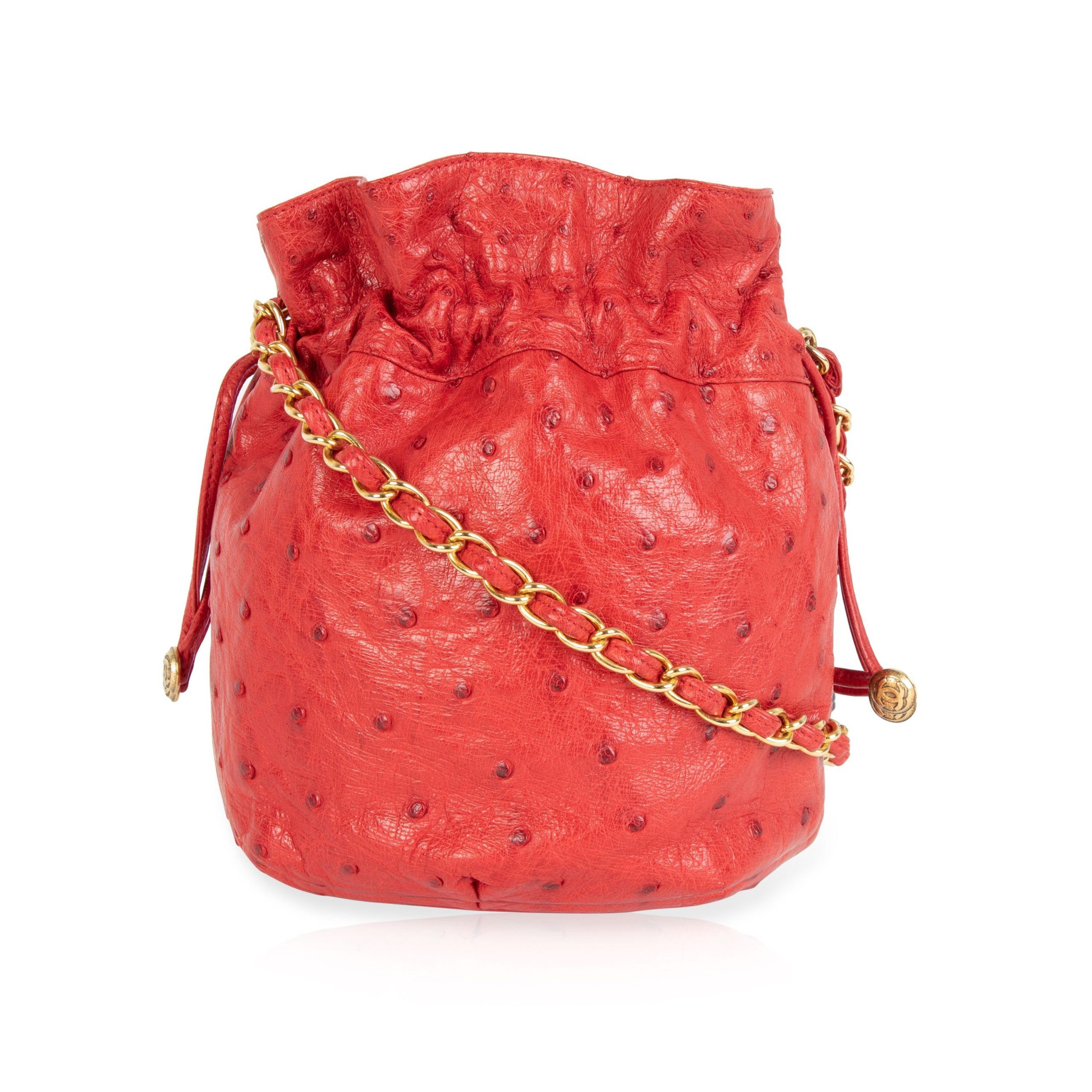 Chanel Vintage Red Ostrich Leather Drawstring Bag