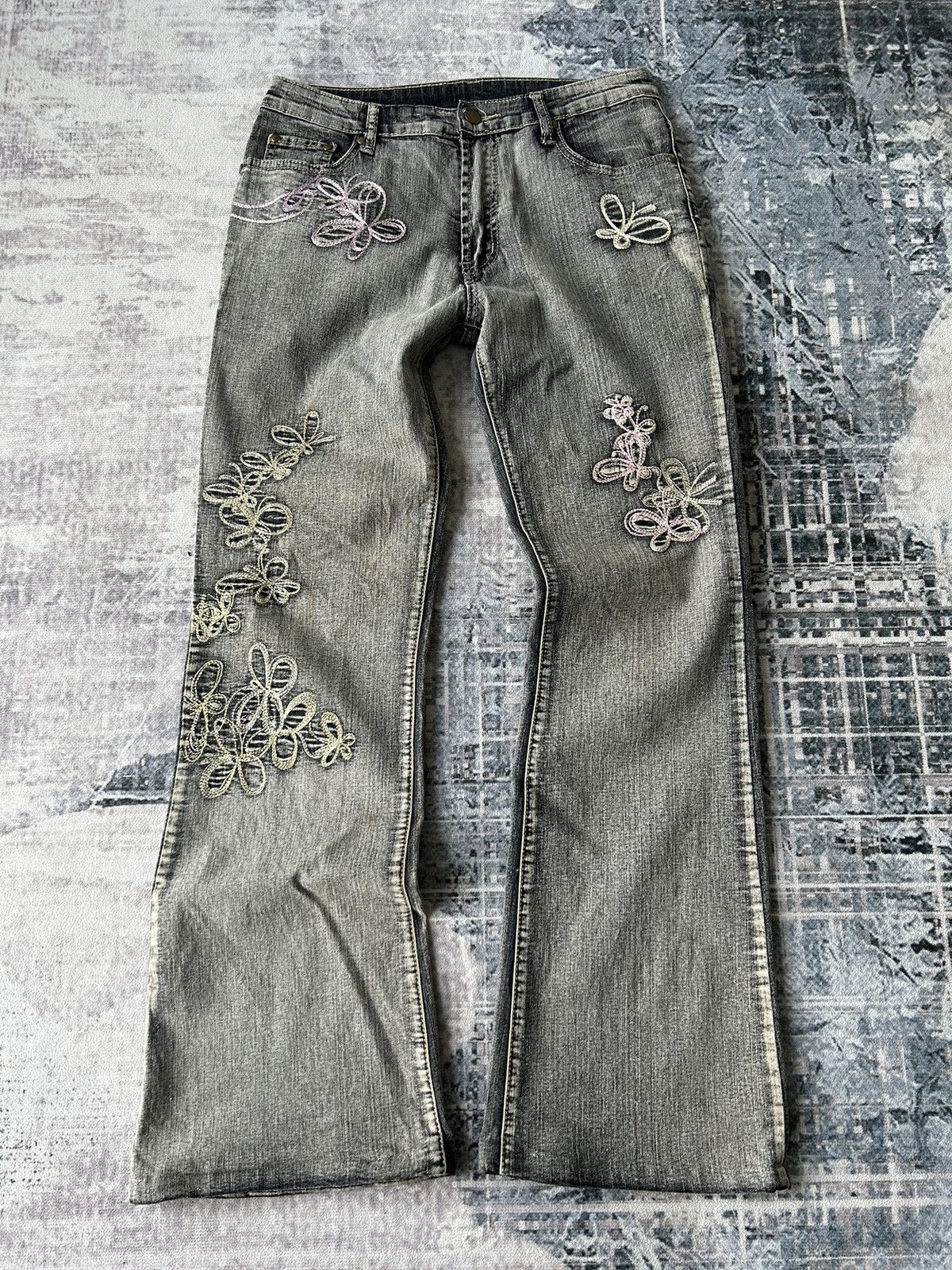 If Six Was Nine Embroidery Art Flower Flared Jeans Size US 29 - 3 Thumbnail