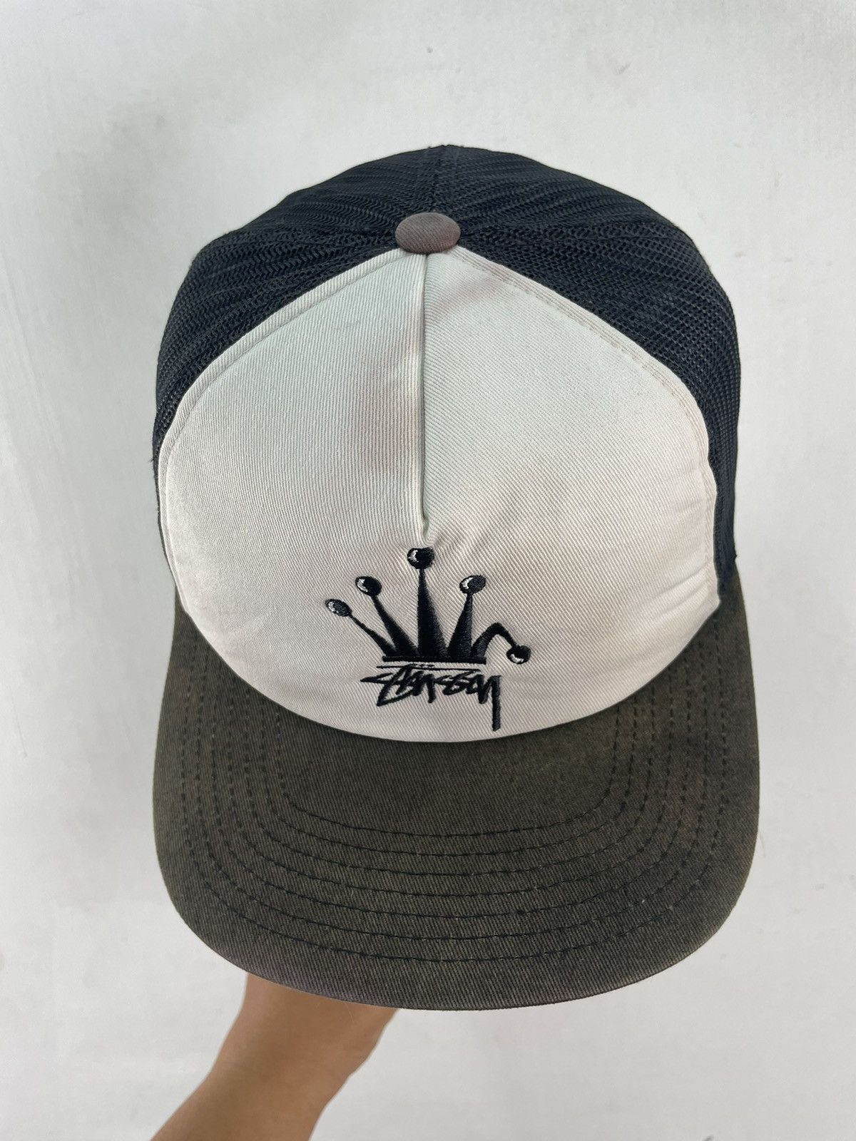 Stussy × Vintage Vintage Y2K Stussy Crown Trucker Cap Mesh Hat Faded Black Size ONE SIZE - 4 Thumbnail