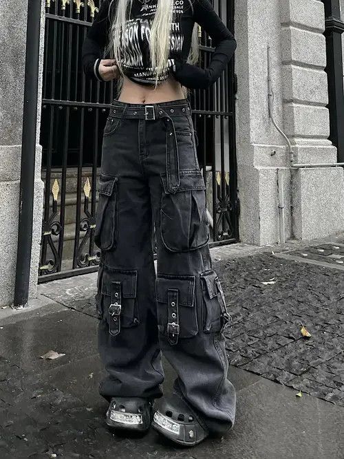 Jean Black Multi Pocket Cargo Denim Jeans with Straps Size US 28 / EU 44 - 6 Thumbnail
