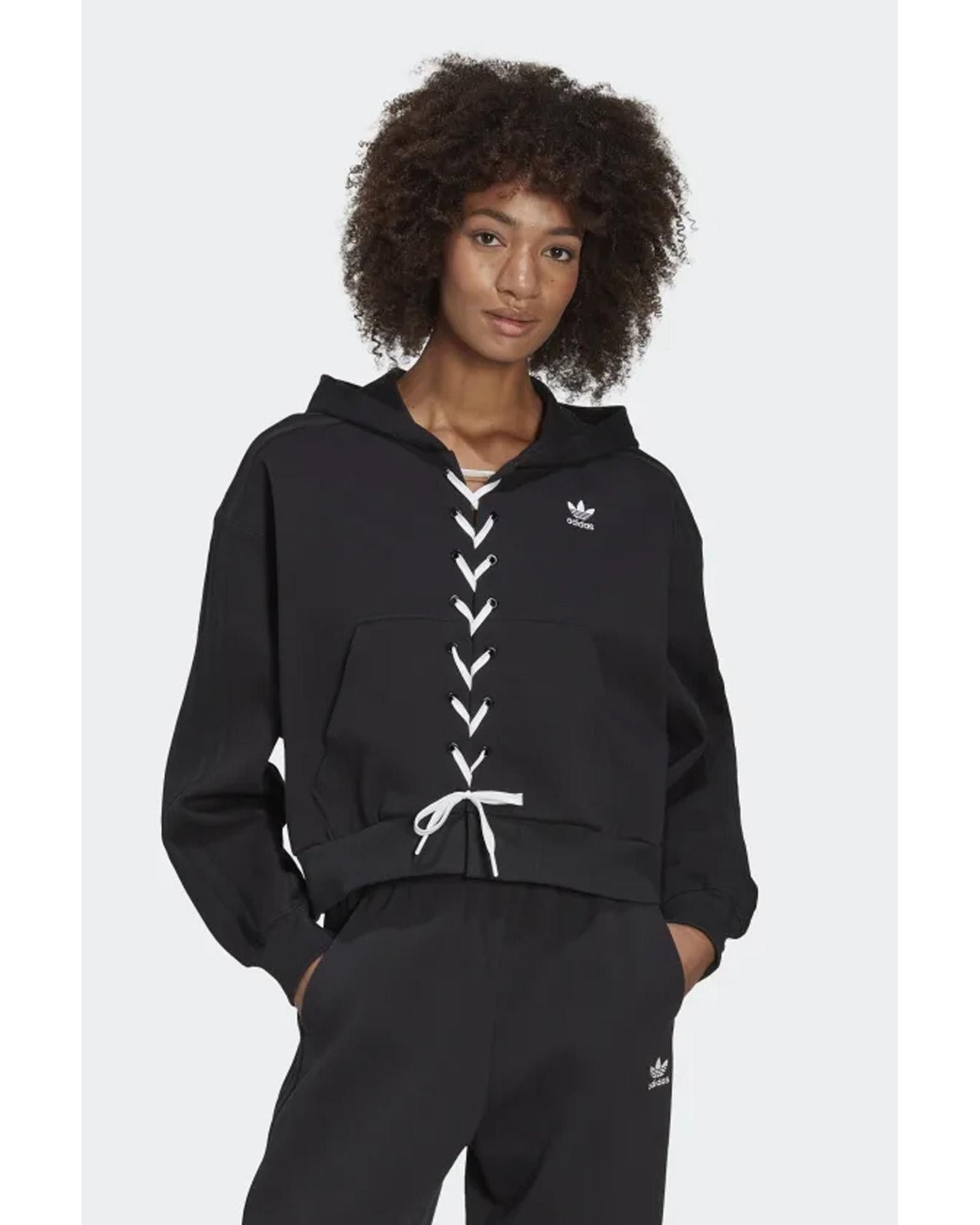 image of Adidas Plain Hooded Sweatshirt With Laces in Black, Women's (Size XS)