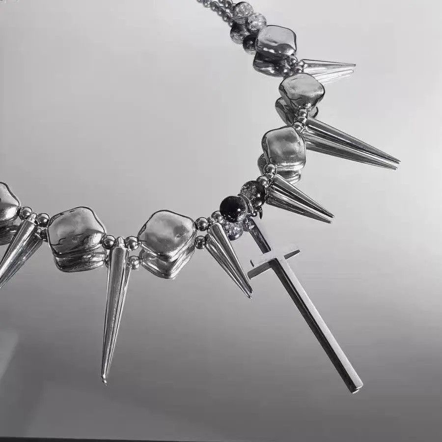 Designer × Jewelry Silver Color Thorns Punk With Cross Necklace Choker Size ONE SIZE - 5 Thumbnail