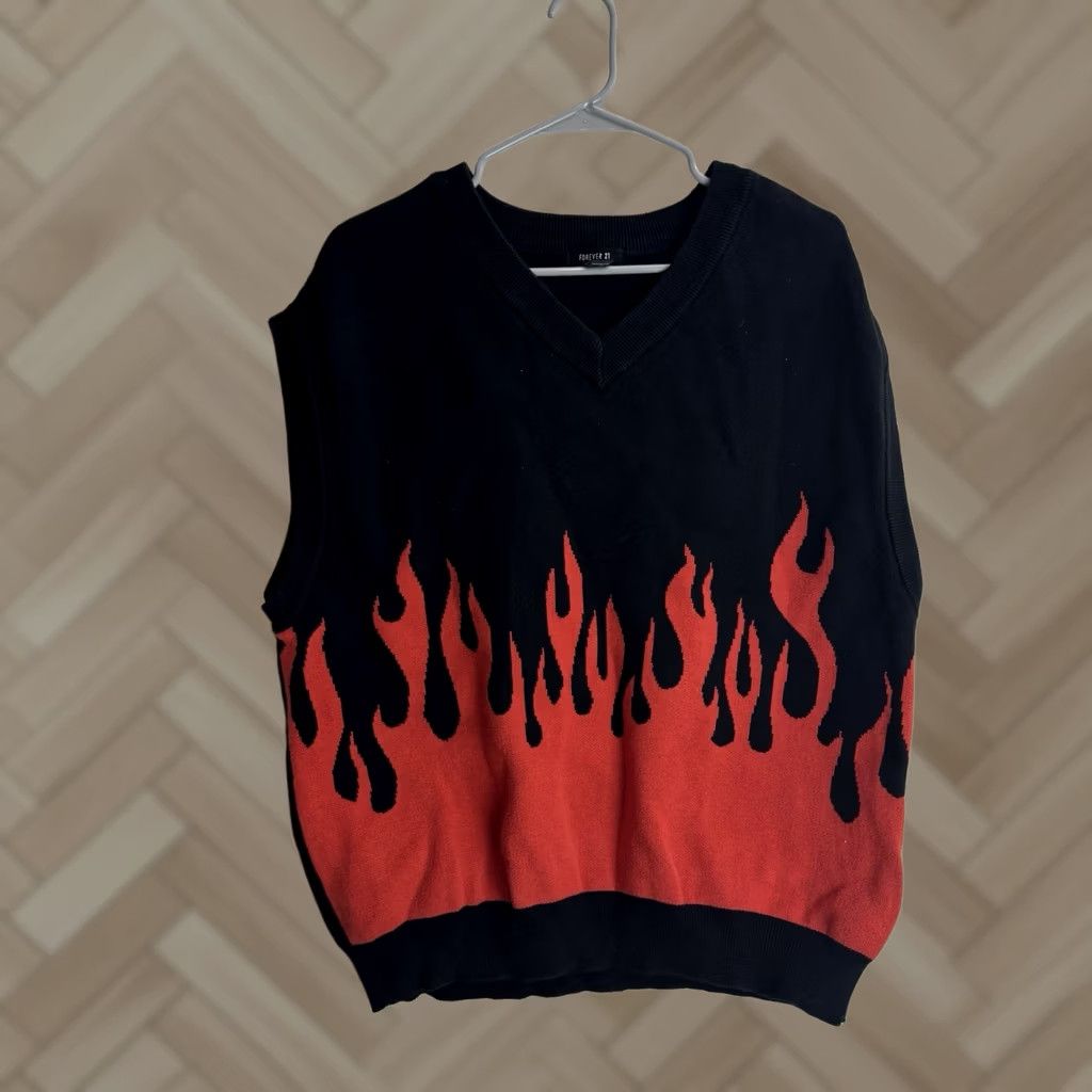 Vintage Forever 21 Sweater Vest Adult Large Orange Flame, Men's