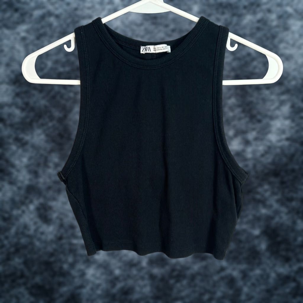 Zara Zara Black Crop Tank Top Womens Large Sleeveless Casual Knit Jersey Size L / US 10 / IT 46 - 1 Thumbnail