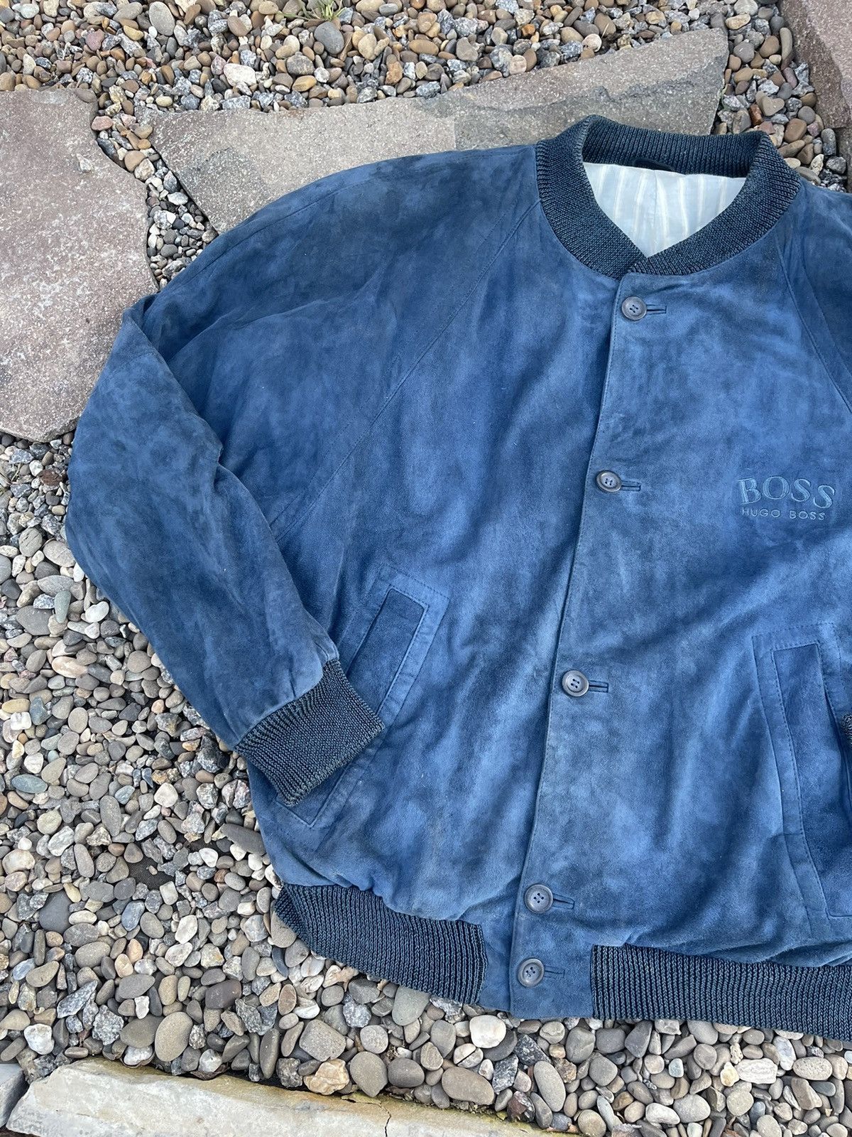 Hugo Boss × Vintage 90’s Boss Luxury navy suede bomber jacket vintage leather Size US L / EU 52-54 / 3 - 6 Thumbnail