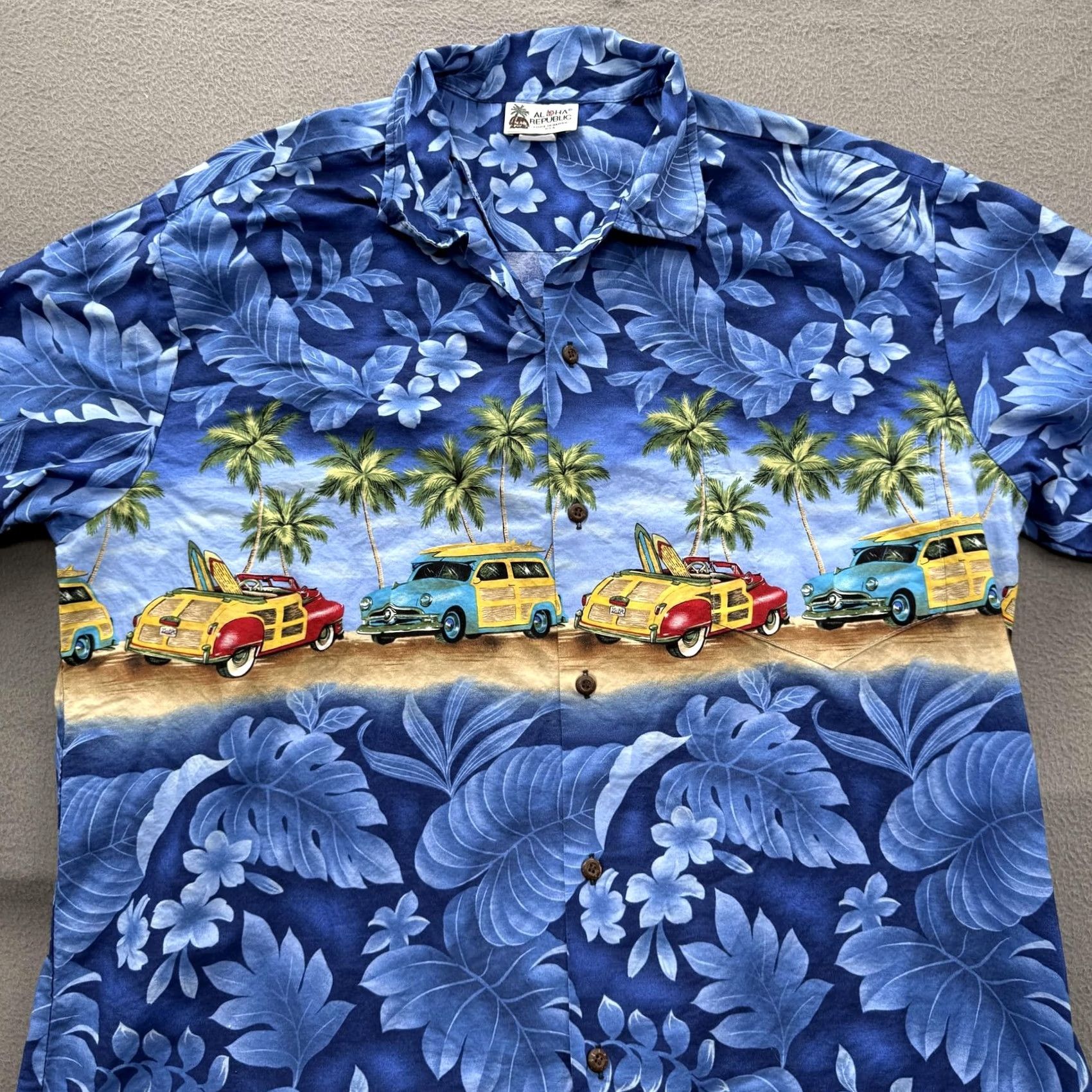 ALOHAS Aloha Republic Shirt Mens XL Blue Hawaiian Woody Car Beach Surf USA Short Sleeve Button-Up Size US XL / EU 56 / 4 - 8 Thumbnail