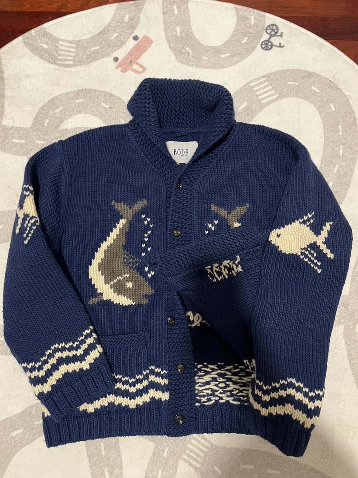 image of Bode River Fish Wool And Mohair Shawl Cardigan. $1,200.00 in Blue, Men's (Size Large)