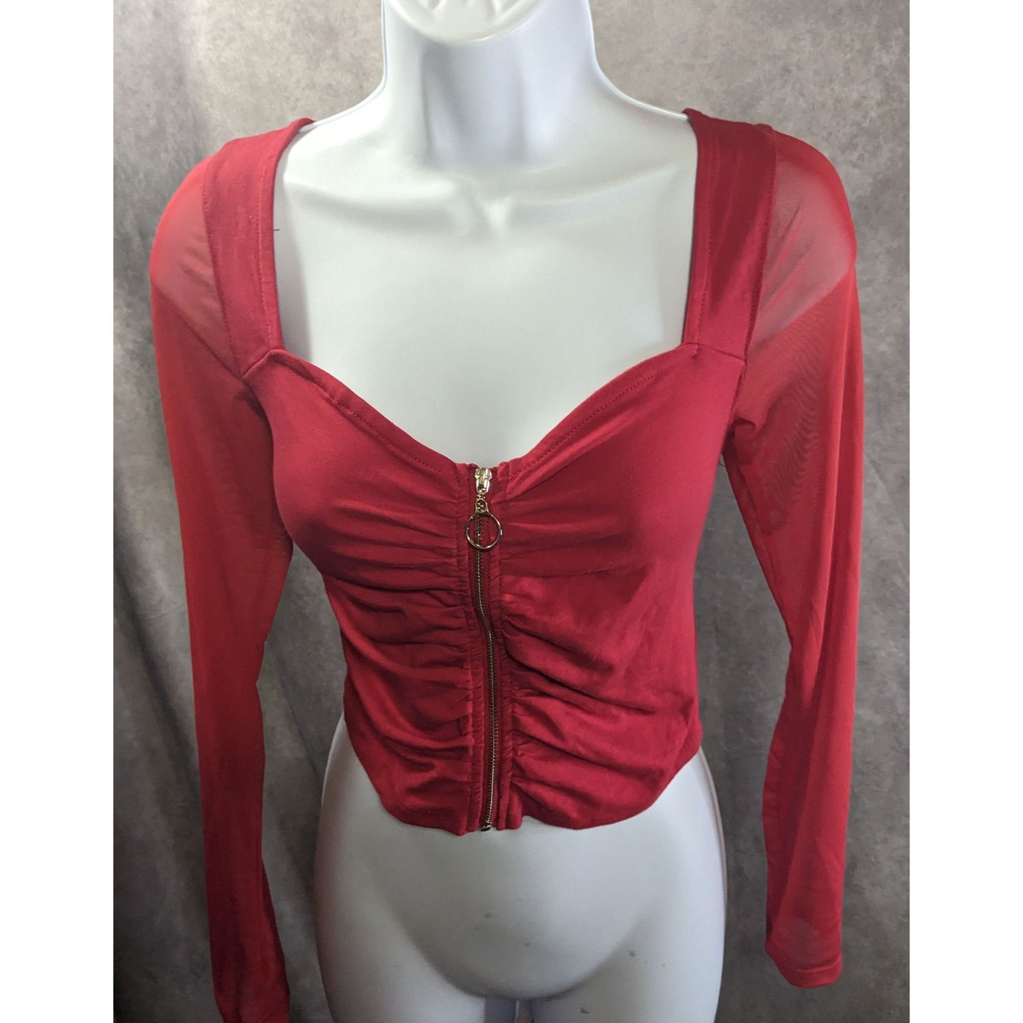 Other Vintage 90s Ambiance Red Long Sleeve Top With Mesh Sleeves & Size M / US 6-8 / IT 42-44 - 6 Thumbnail