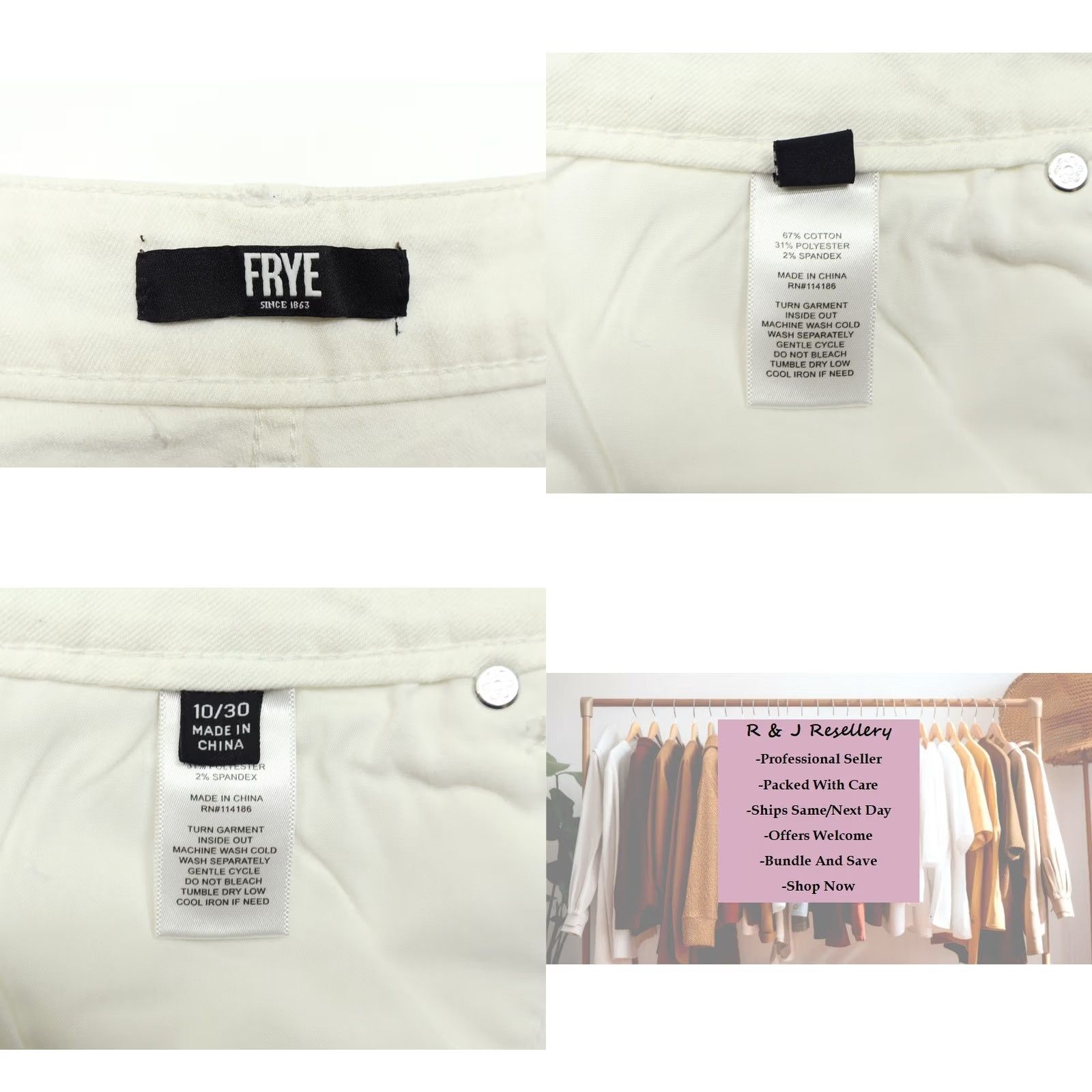 Frye Frye White Denim Jeans 30 Straight High Rise Womens Regular 5-Pocket Cotton Polyester Spandex 28 Inseam Size 30" / US 8 / IT 44 - 8 Thumbnail