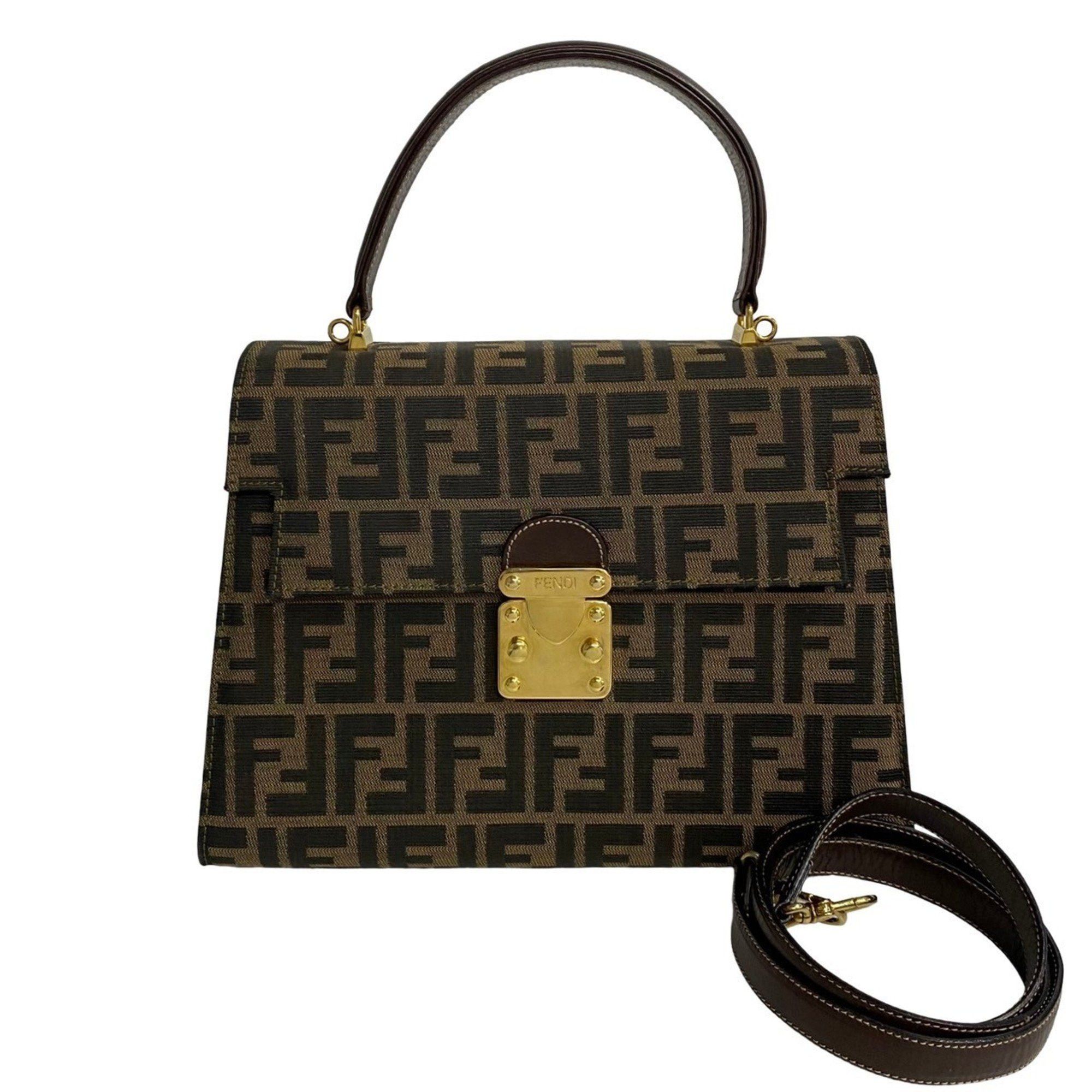 image of Fendi Zucca Pattern Ff Metal Fittings Canvas Leather 2Way Handbag Shoulder Bag Brown 21853, Women's