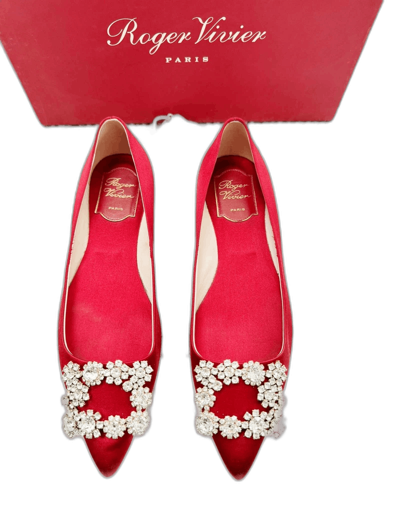 Roger Vivier Roger Vivier Red Satin Flats with Rhinestones Size US 7 / IT 37 - 1 Thumbnail