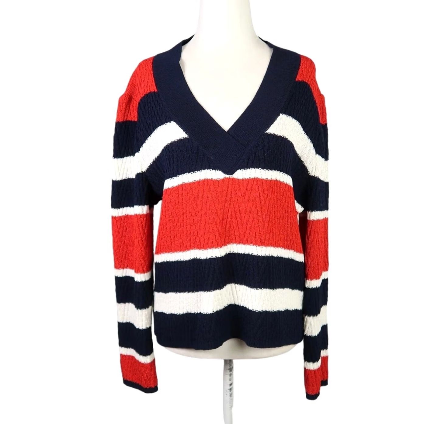 St. John VINTAGE St. John Sport Sweater Shirt Ladies M Knit V-Neck Red White Navy Stripe Nautical 90s USA Patriotic Long Sleeve Pullover Costume/ Casual Size M / US 6-8 / IT 42-44 - 2 Thumbnail