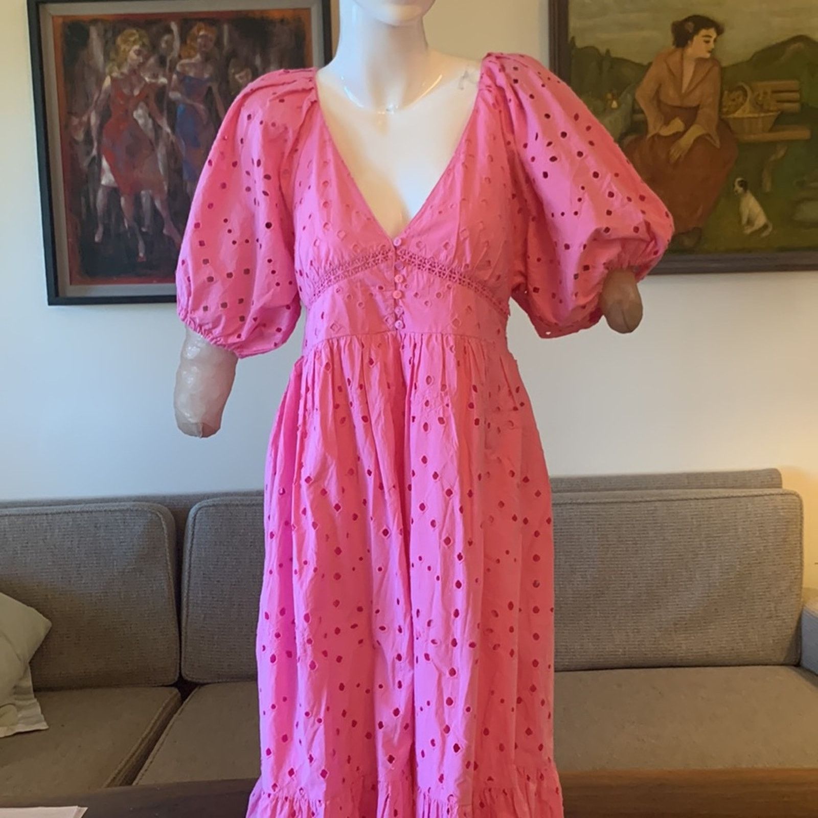 Zara BNWT Zara pink puff sleeve cotton eyelet dress Size L / US 10 / IT 46 - 4 Thumbnail