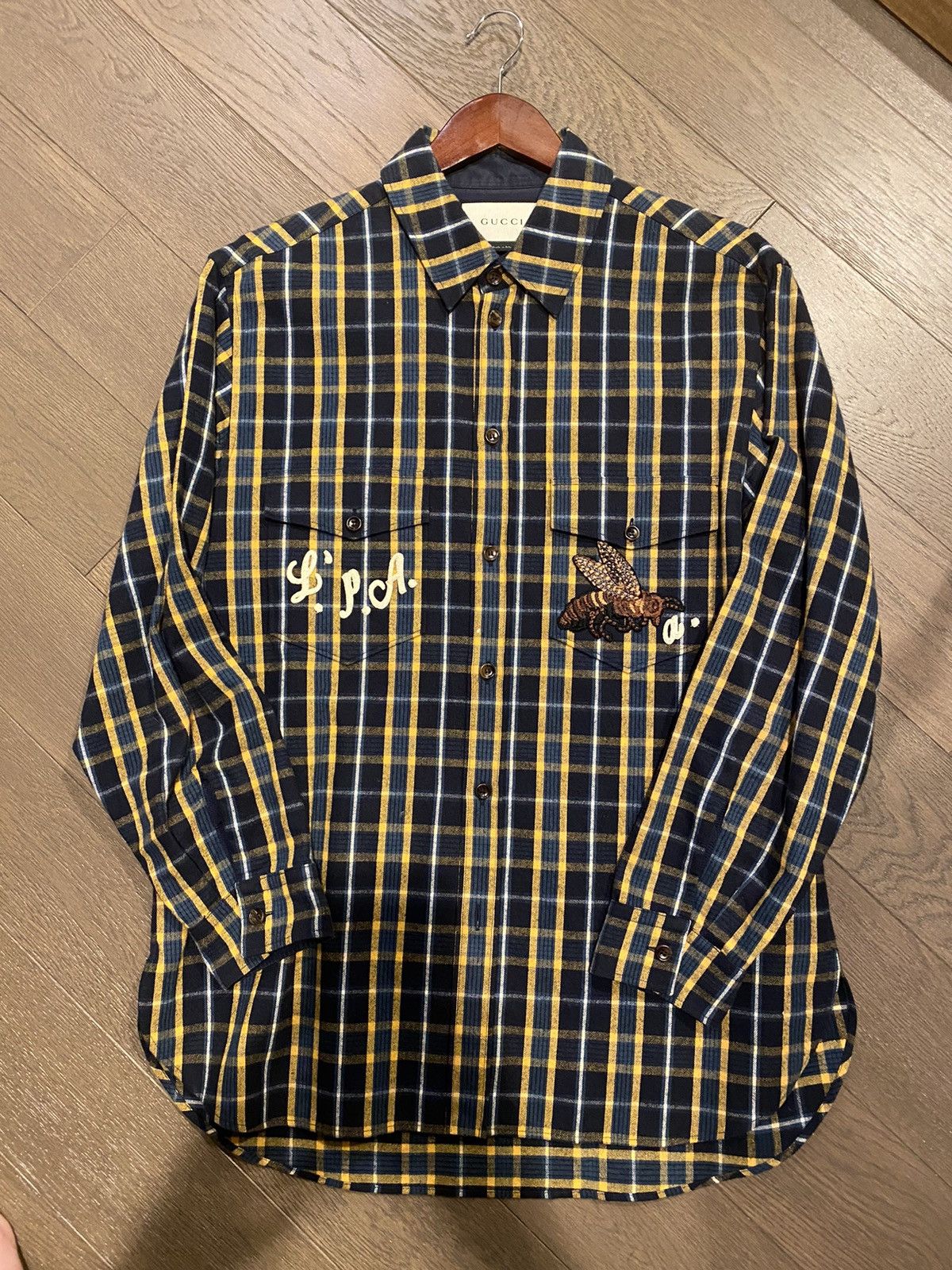 image of Gucci Embroidered Flannel Shirt in Blue, Men's (Size XL)