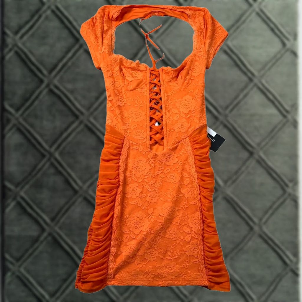 Vintage Outcast Dress Mini Jacquard Fitted Tiered Sexy Tie Club Miami Womens M Orange Size M / US 6-8 / IT 42-44 - 1 Thumbnail